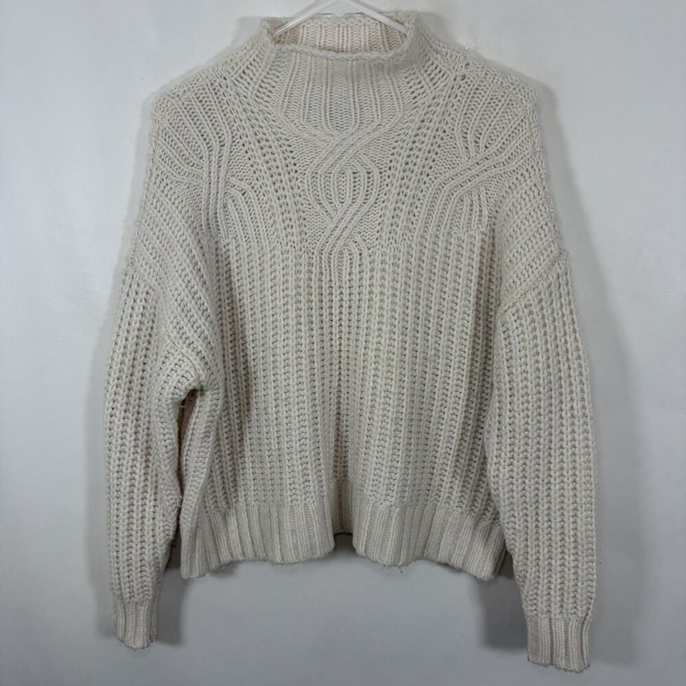 Aerie Crochet Oversized Mock Neck Sweater Womens Small Ivory White Wool Blend